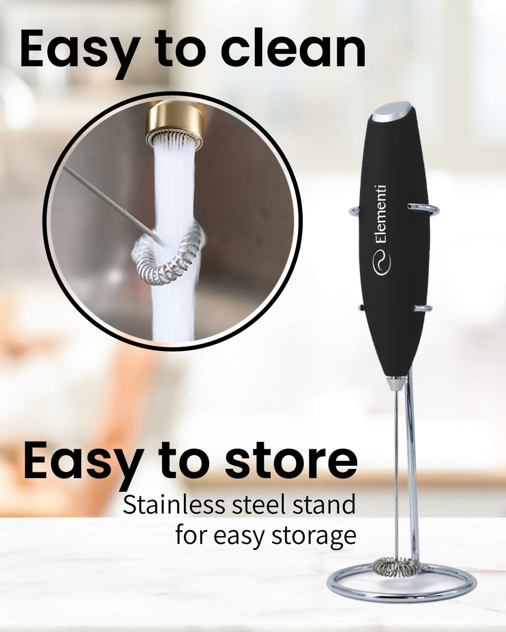 Black Handheld Milk Frother Wand with Stand O4489