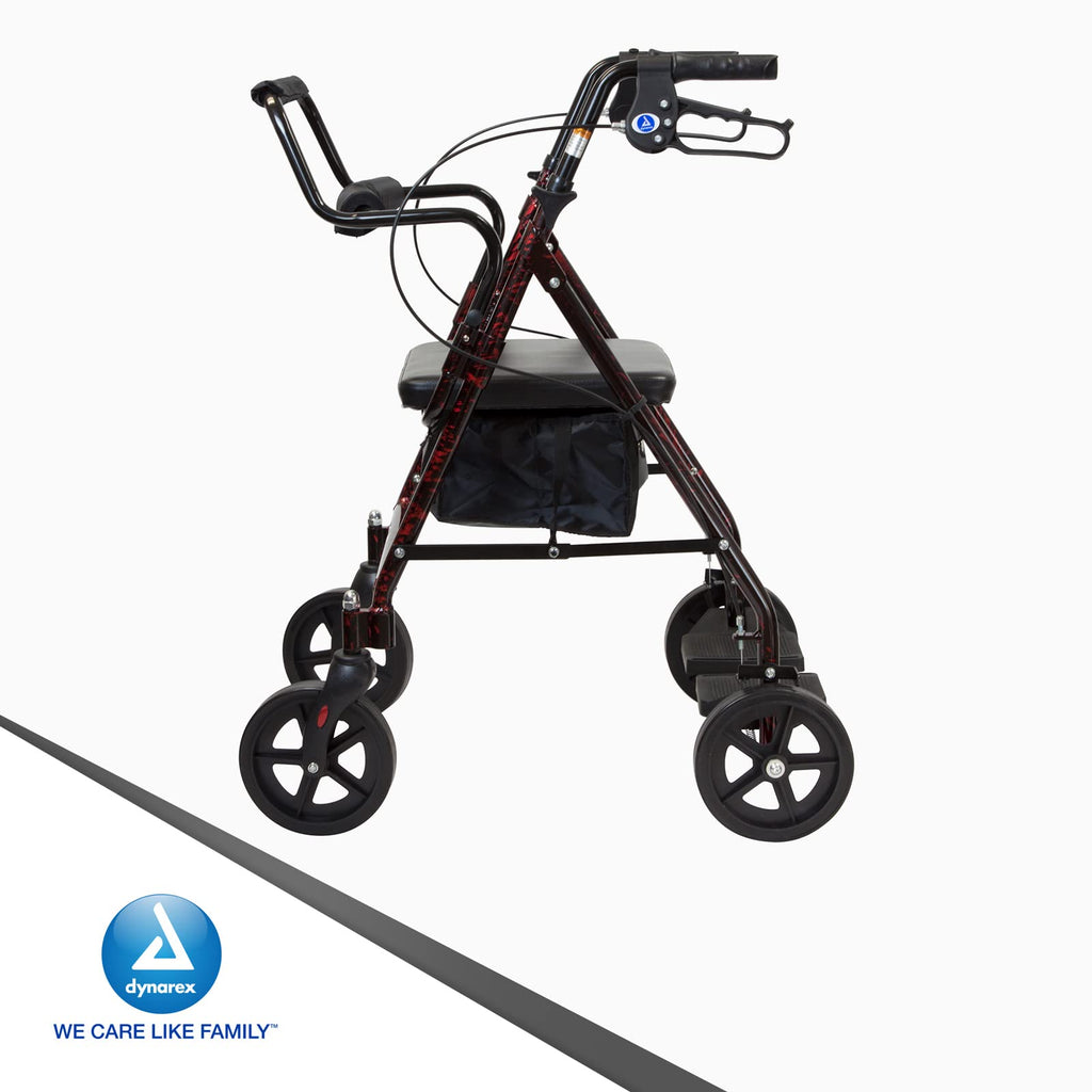 4 Wheel Rollator and Transport Wheelchair with Fold-Down Footrests, Red Frame V50119