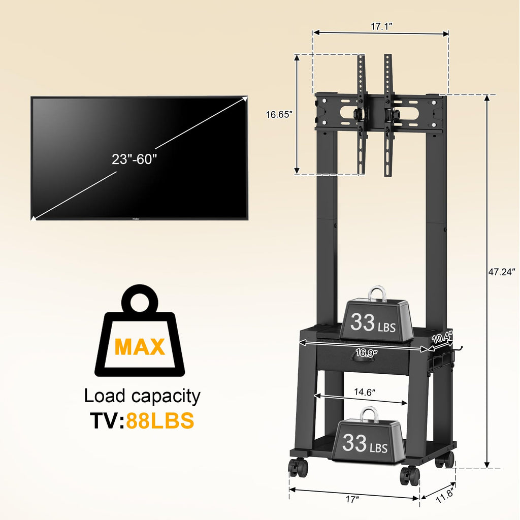 Rolling TV Stand with Storage for 23-60 Inch TVs, Height Adjustable Tilt Mobile TV Mount Cart with Drawer & 2 Shelves K3763