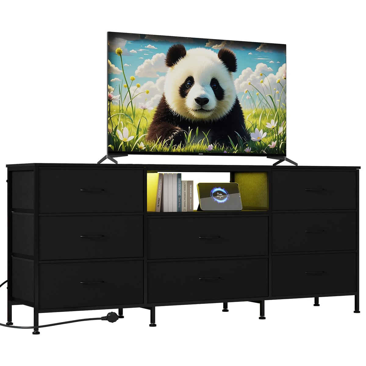 Black LED TV Stand Dresser with 8 Fabric Drawers P968