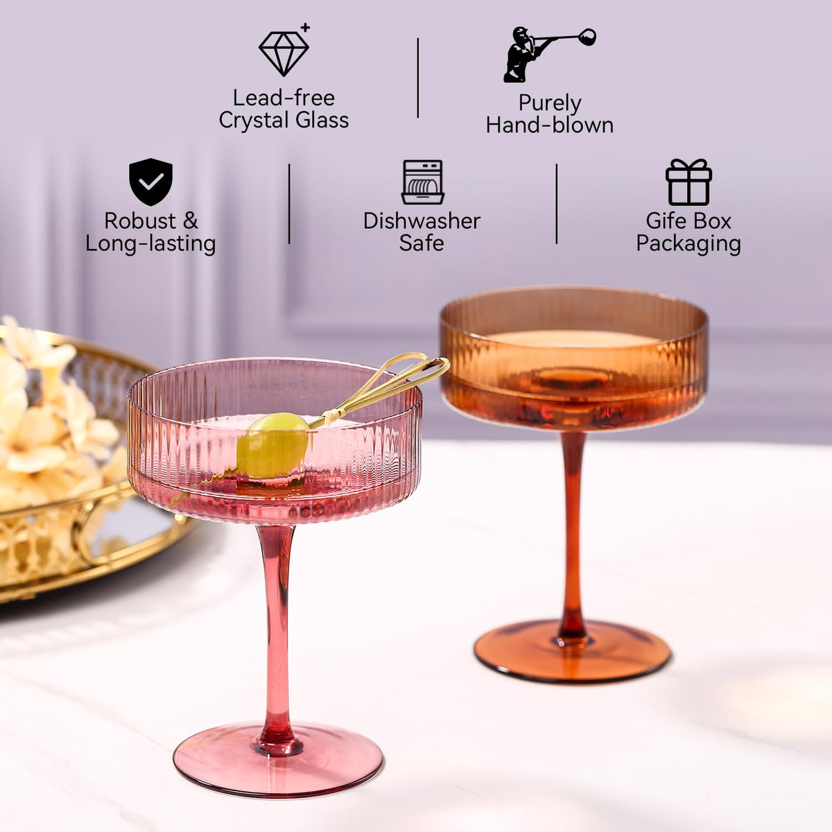 Colored Coupe Glasses Set of 6, 9 oz Cocktail Glasses N5632