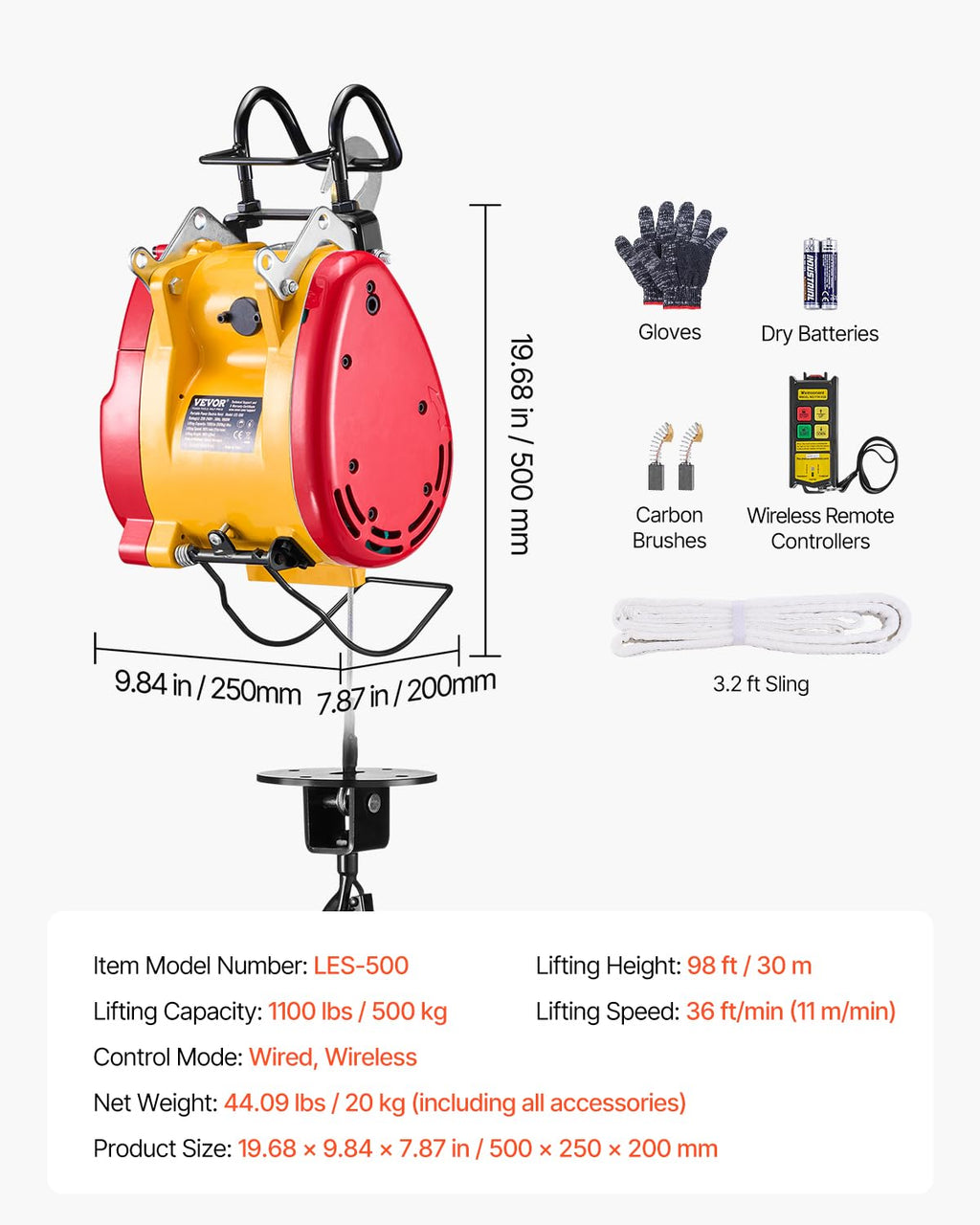 1100 lbs 1800W Portable Electric Hoist Winch with Wireless Remote Control Z100482