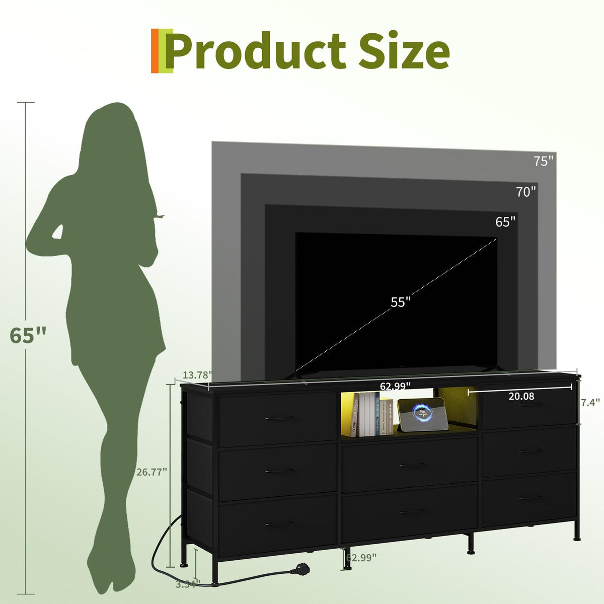Black LED TV Stand Dresser with 8 Fabric Drawers P968