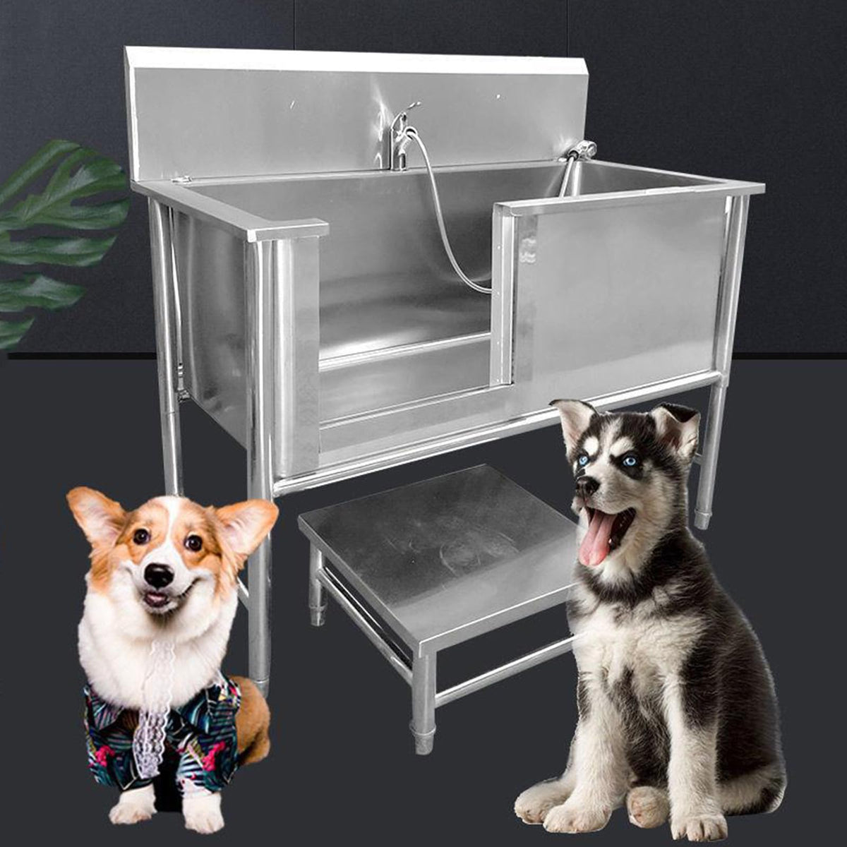 53'' Stainless Steel Pet Grooming Tub with Walk-in Stairs O655