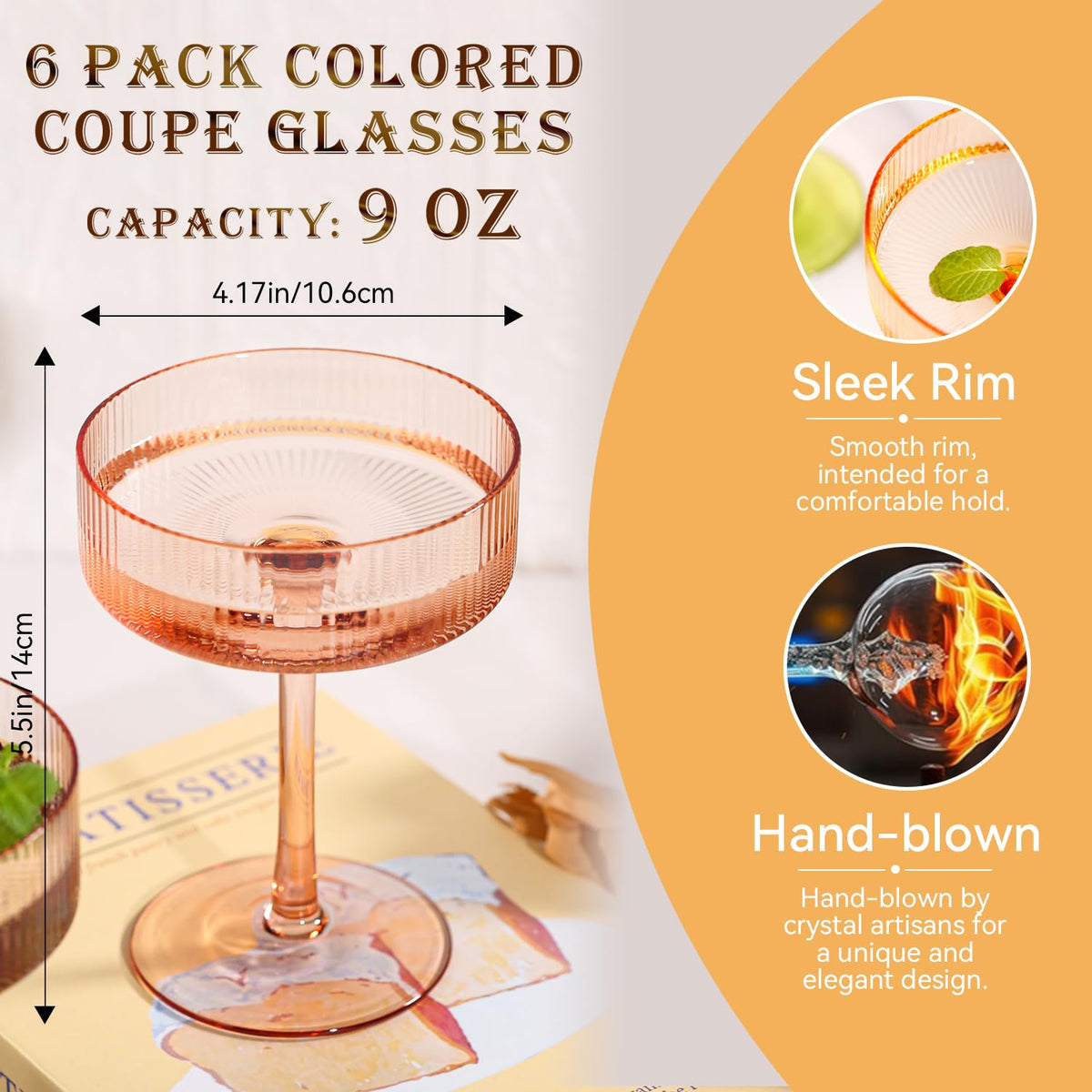 Colored Coupe Glasses Set of 6, 9 oz Cocktail Glasses N5632