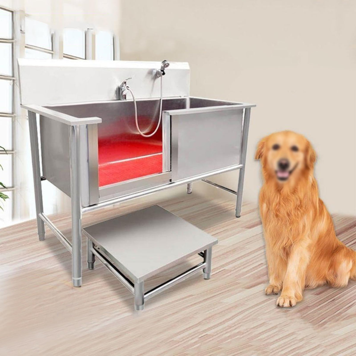 53'' Stainless Steel Pet Grooming Tub with Walk-in Stairs O655
