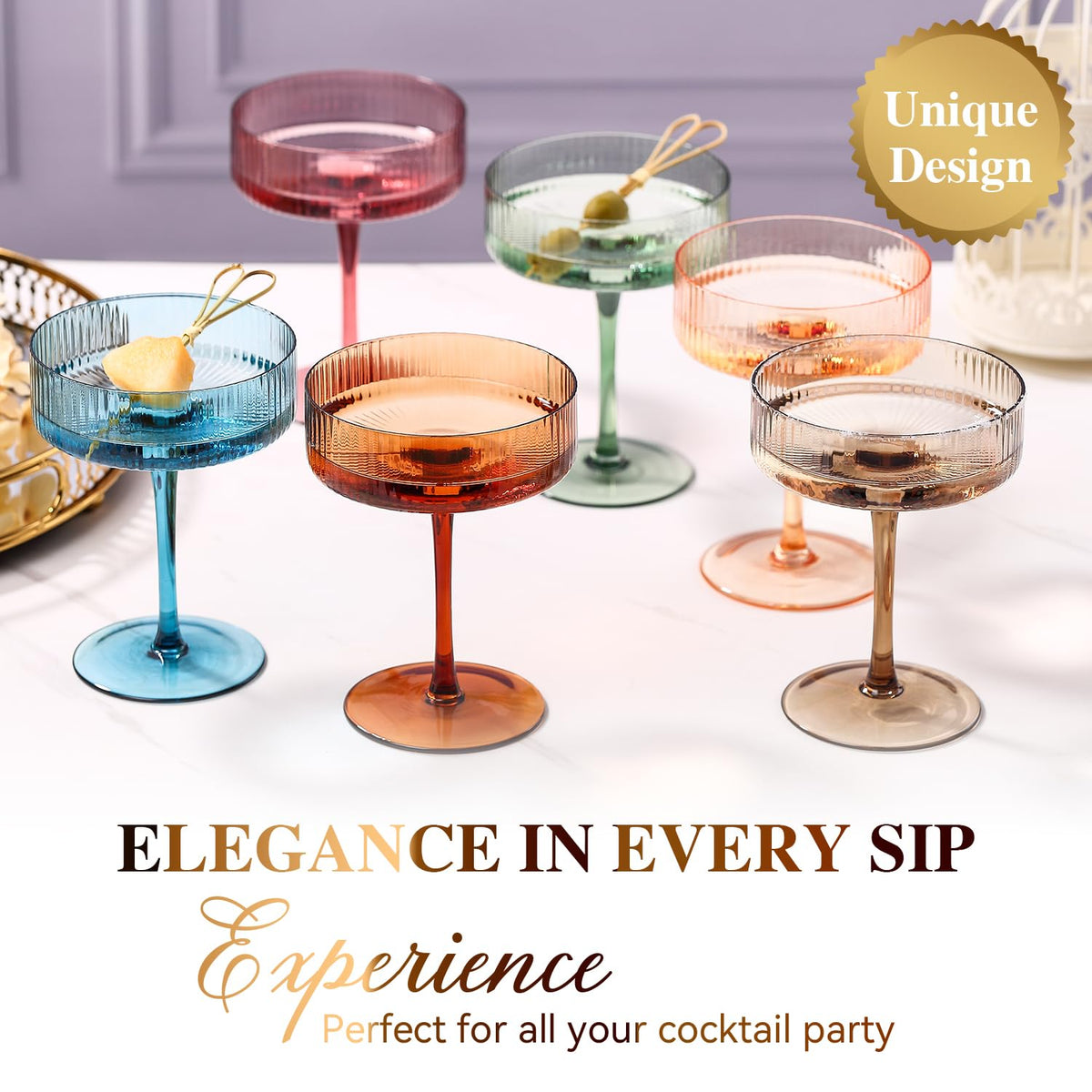 Colored Coupe Glasses Set of 6, 9 oz Cocktail Glasses N5632