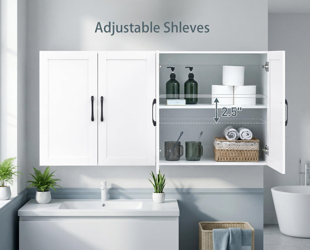 White Wall Cabinet with Adjustable Shelves and 4 Doors M2148