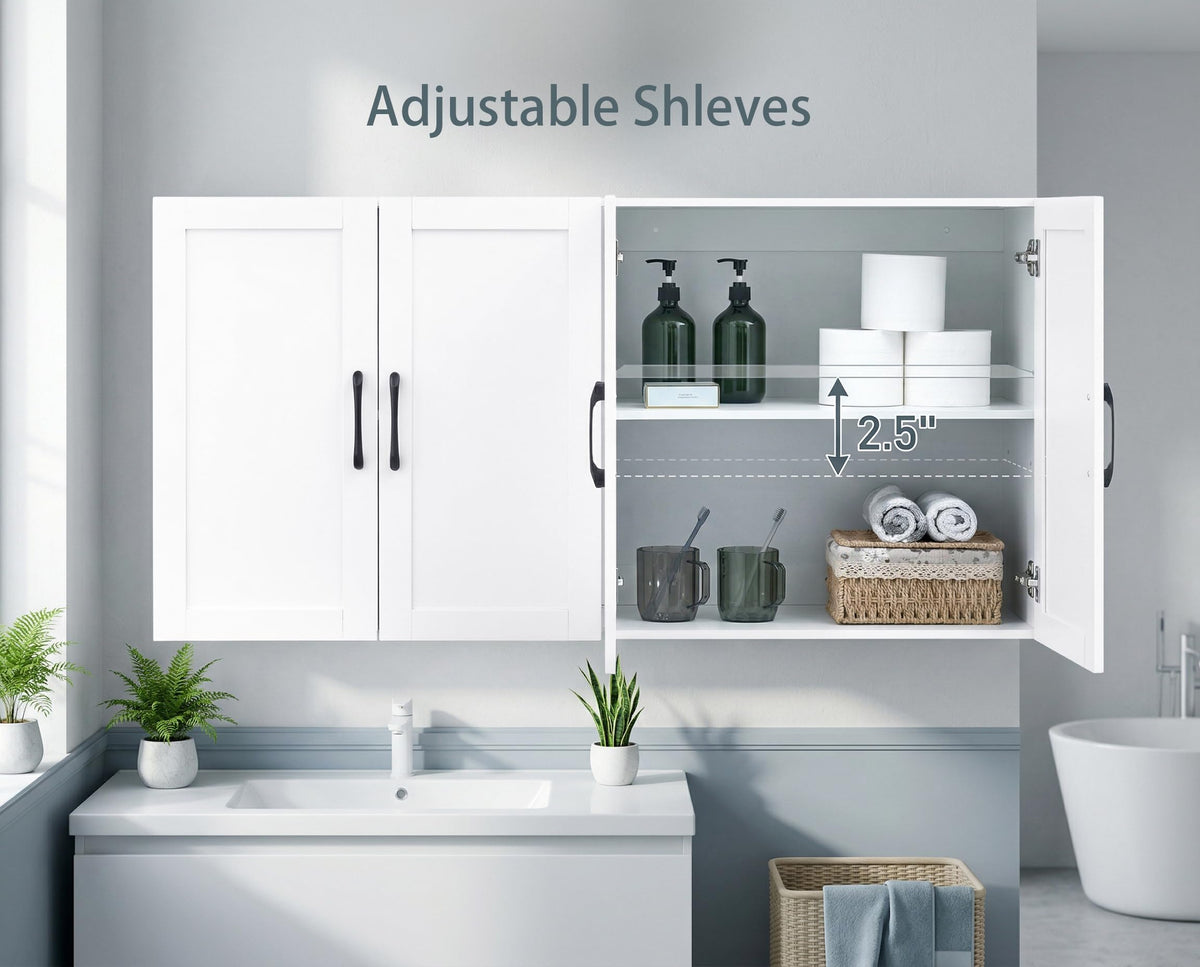 White Wall Cabinet with Adjustable Shelves and 4 Doors M2148