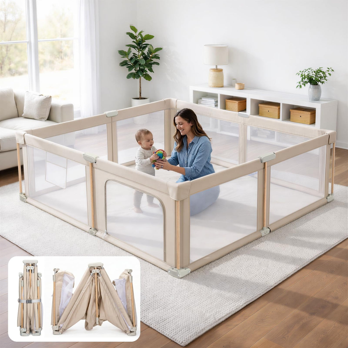 Foldable Baby Playpen with Mat, Mesh and Storage Bag D4489