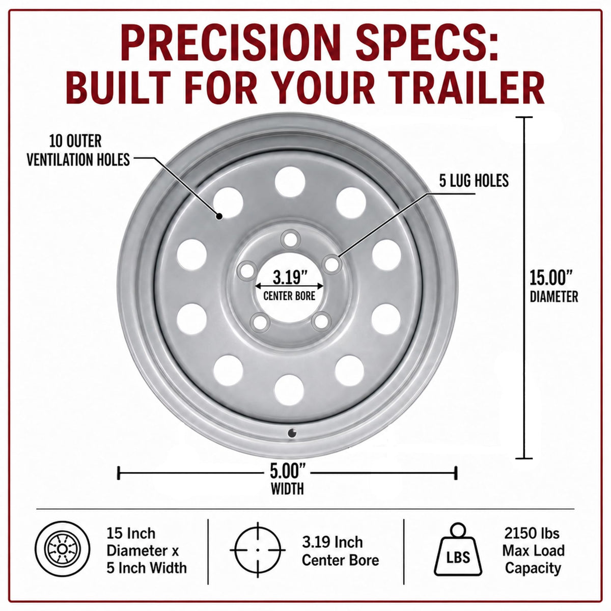 15 Inch 5 Lug Silver Trailer Wheel X87022