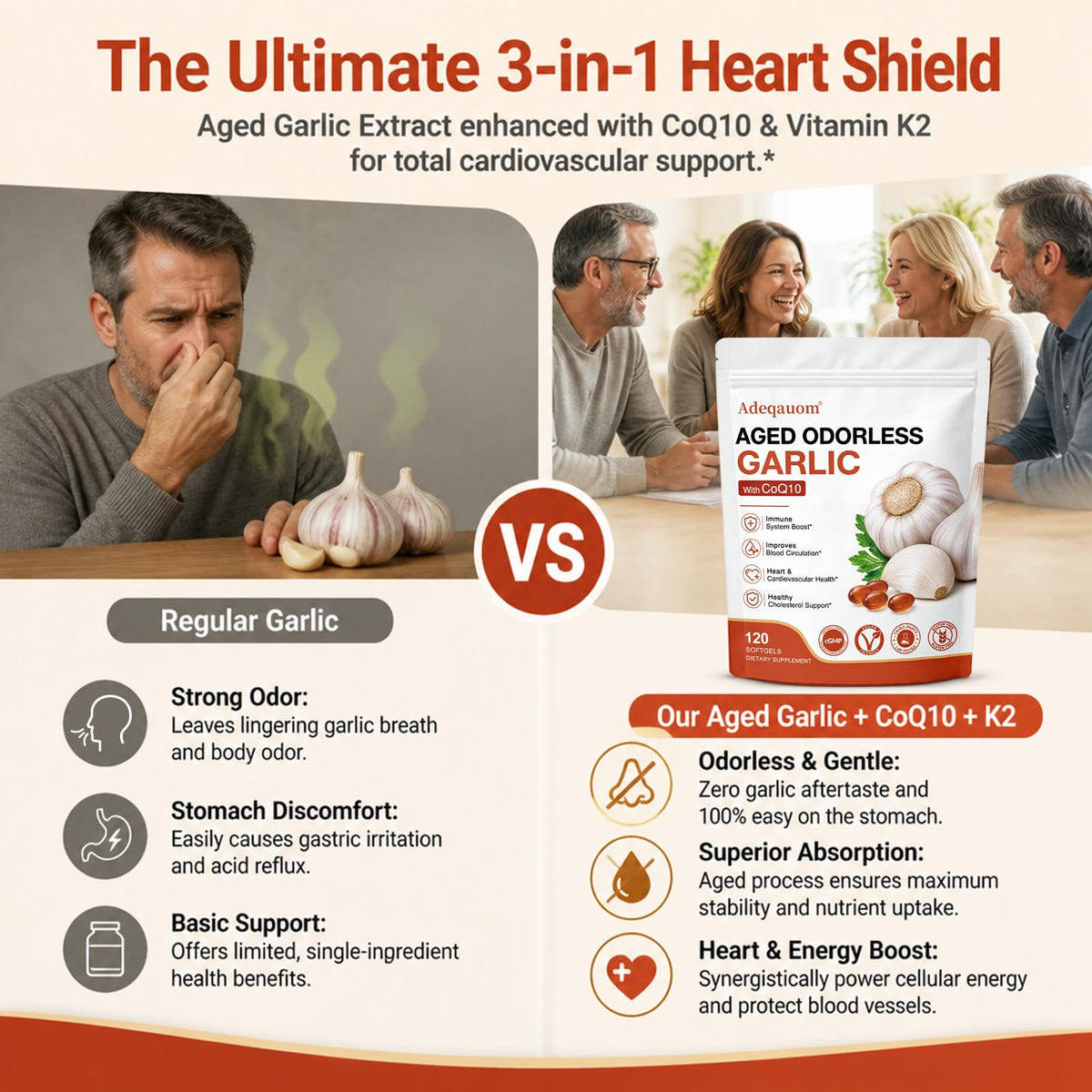 1200 mg Odorless Aged Garlic Extract Softgels with CoQ10 Ubiquinol & Vitamin K2, 120 Softgels M561