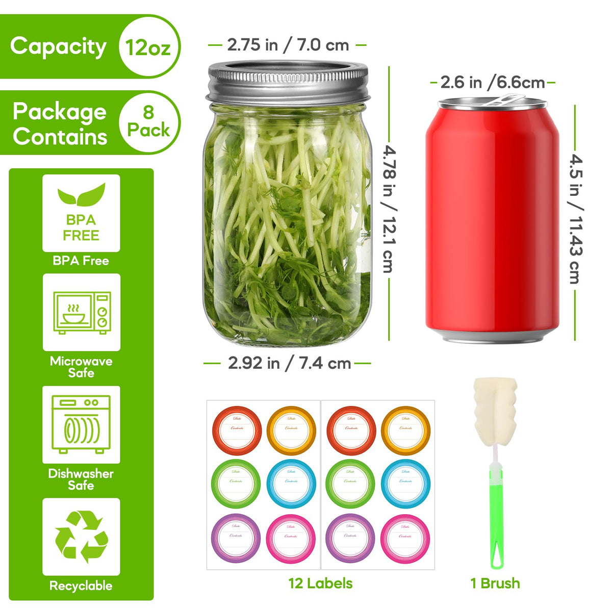 12 oz 8 Pack Regular Mouth Glass Mason Jars with Airtight Lids Z827