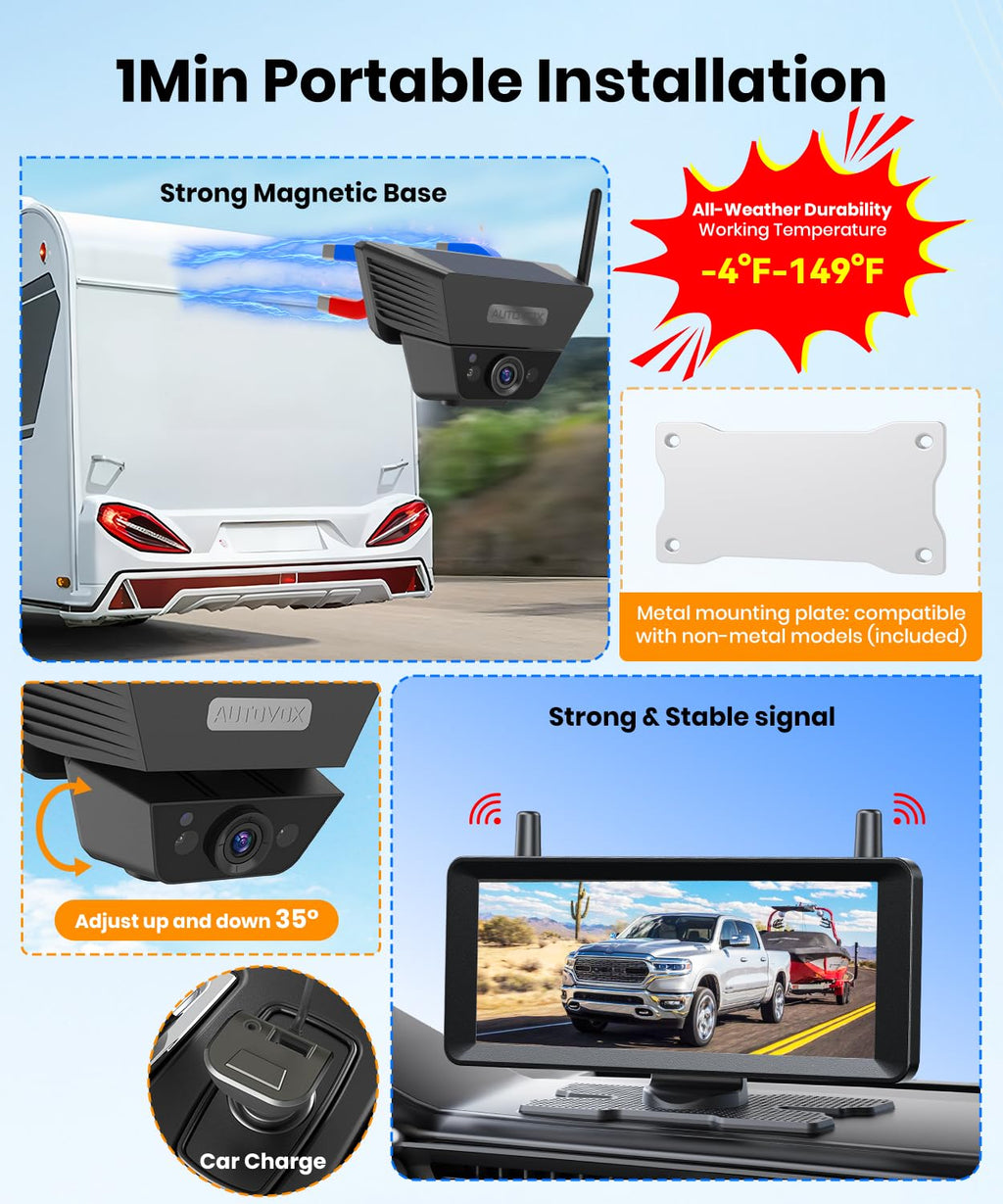 Wireless Backup Camera Solar Magnetic 7.2" 1080P Monitor B779
