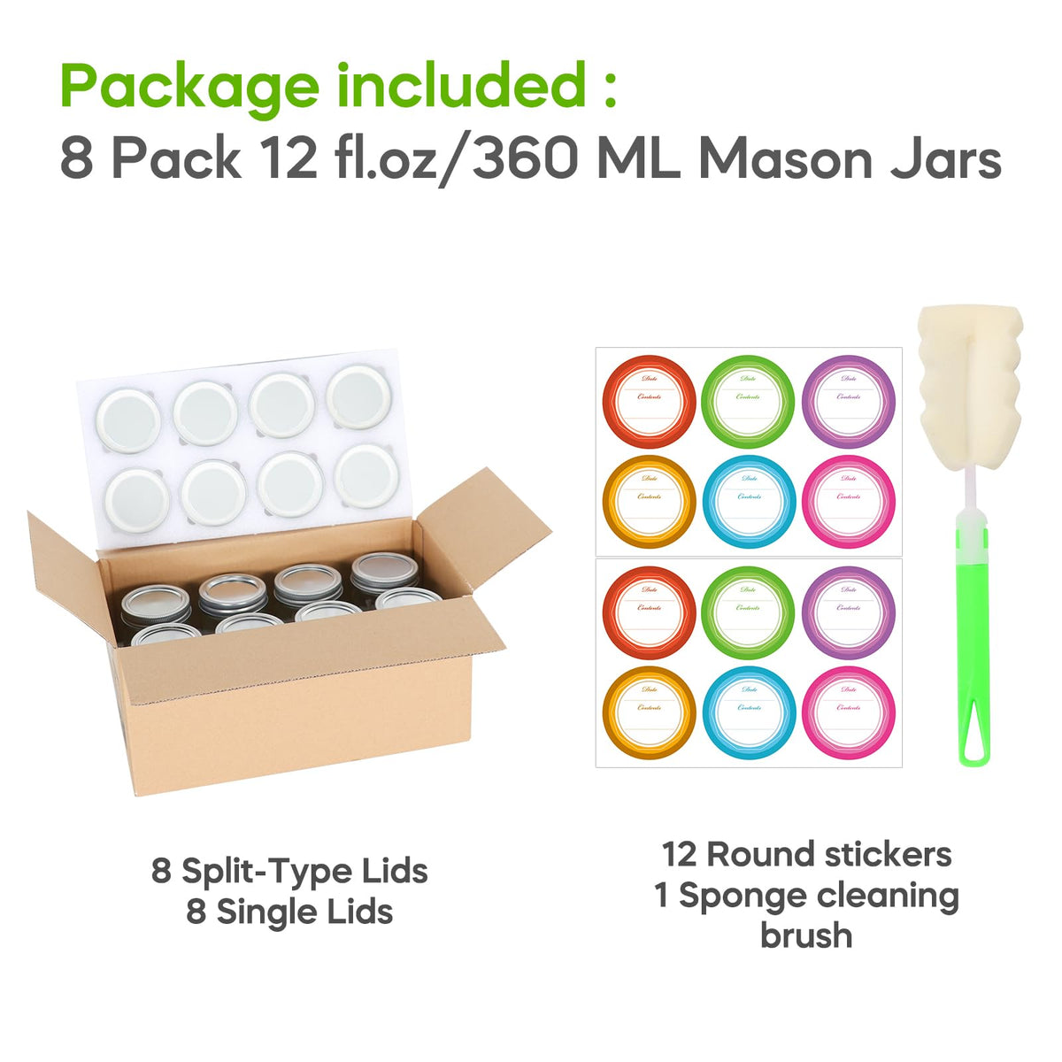 12 oz 8 Pack Regular Mouth Glass Mason Jars with Airtight Lids Z827