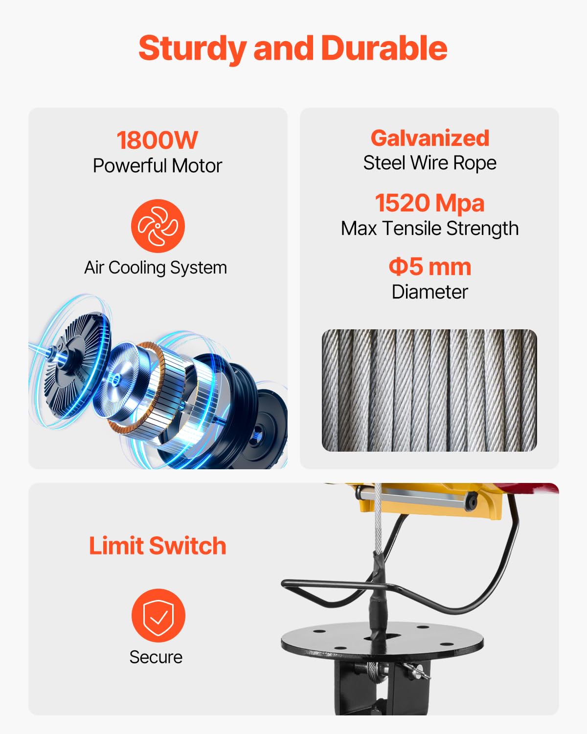 1100 lbs 1800W Portable Electric Hoist Winch with Wireless Remote Control Z100482