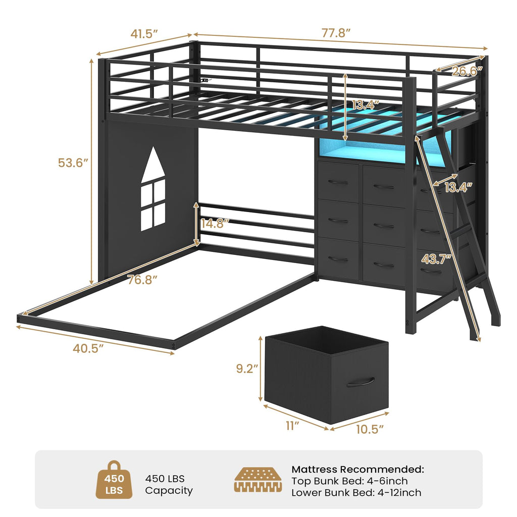 Twin Over Twin L-Shaped Bunk Bed with 9 Storage Drawers, LED Lights, Guardrail & Ladder, Black P864667