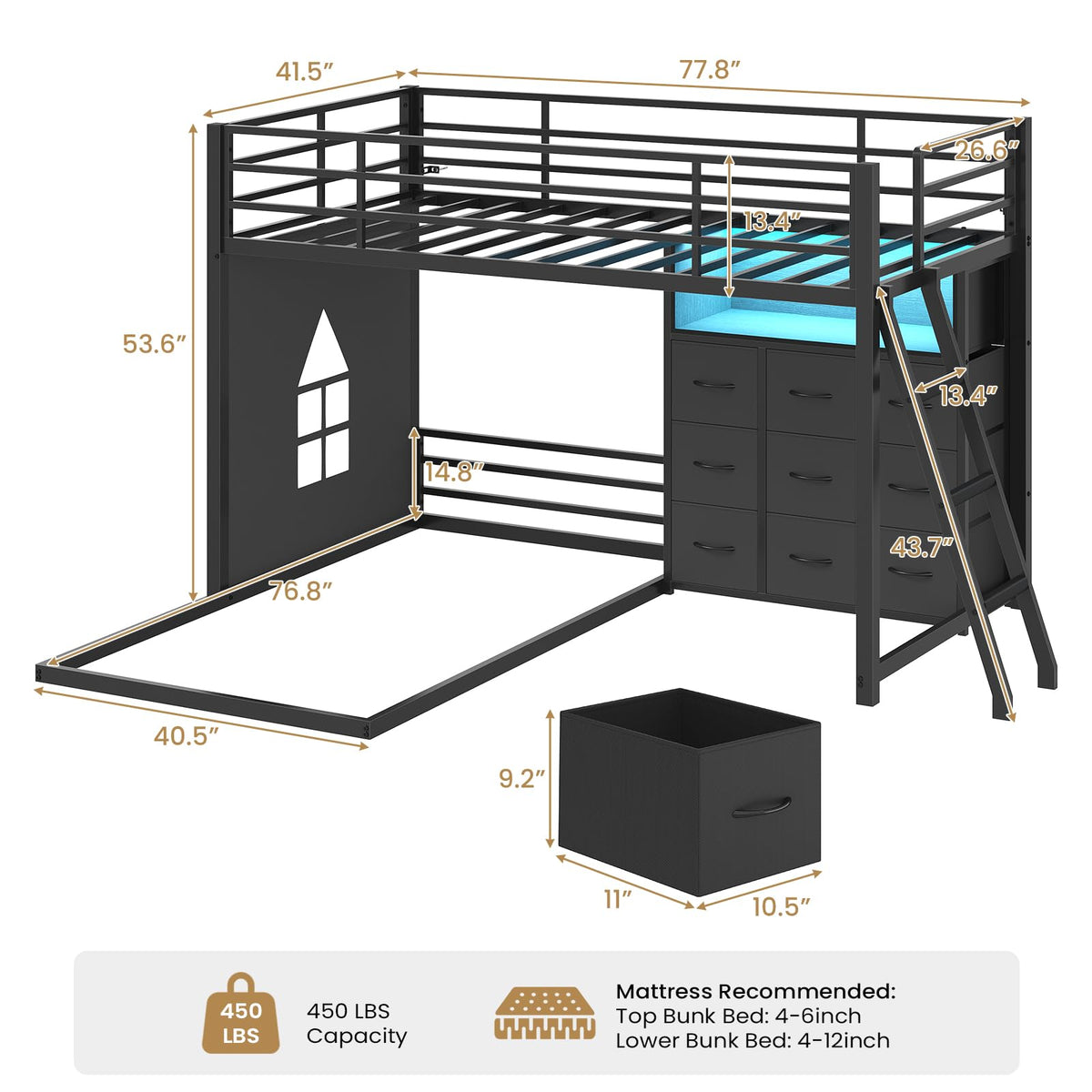 Twin Over Twin L-Shaped Bunk Bed with 9 Storage Drawers, LED Lights, Guardrail & Ladder, Black P864667