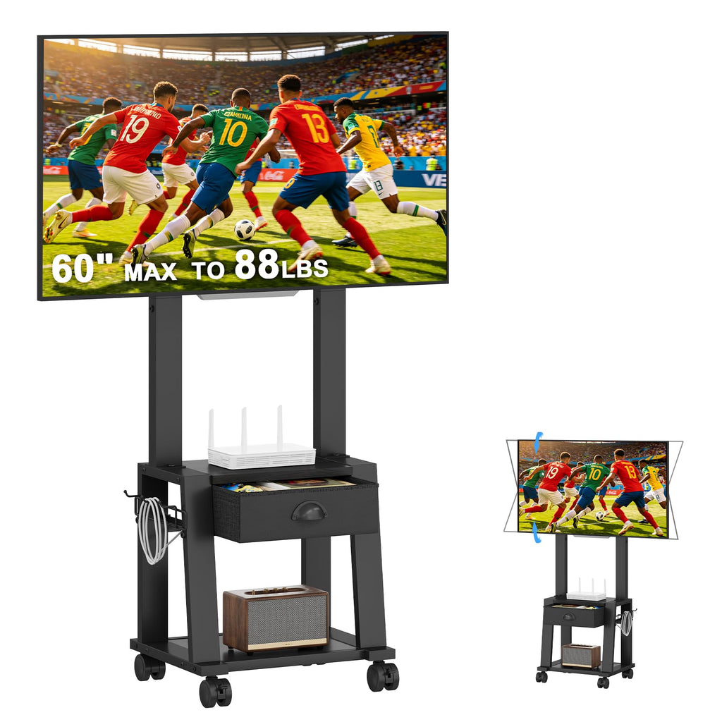 Rolling TV Stand with Storage for 23-60 Inch TVs, Height Adjustable Tilt Mobile TV Mount Cart with Drawer & 2 Shelves K3763