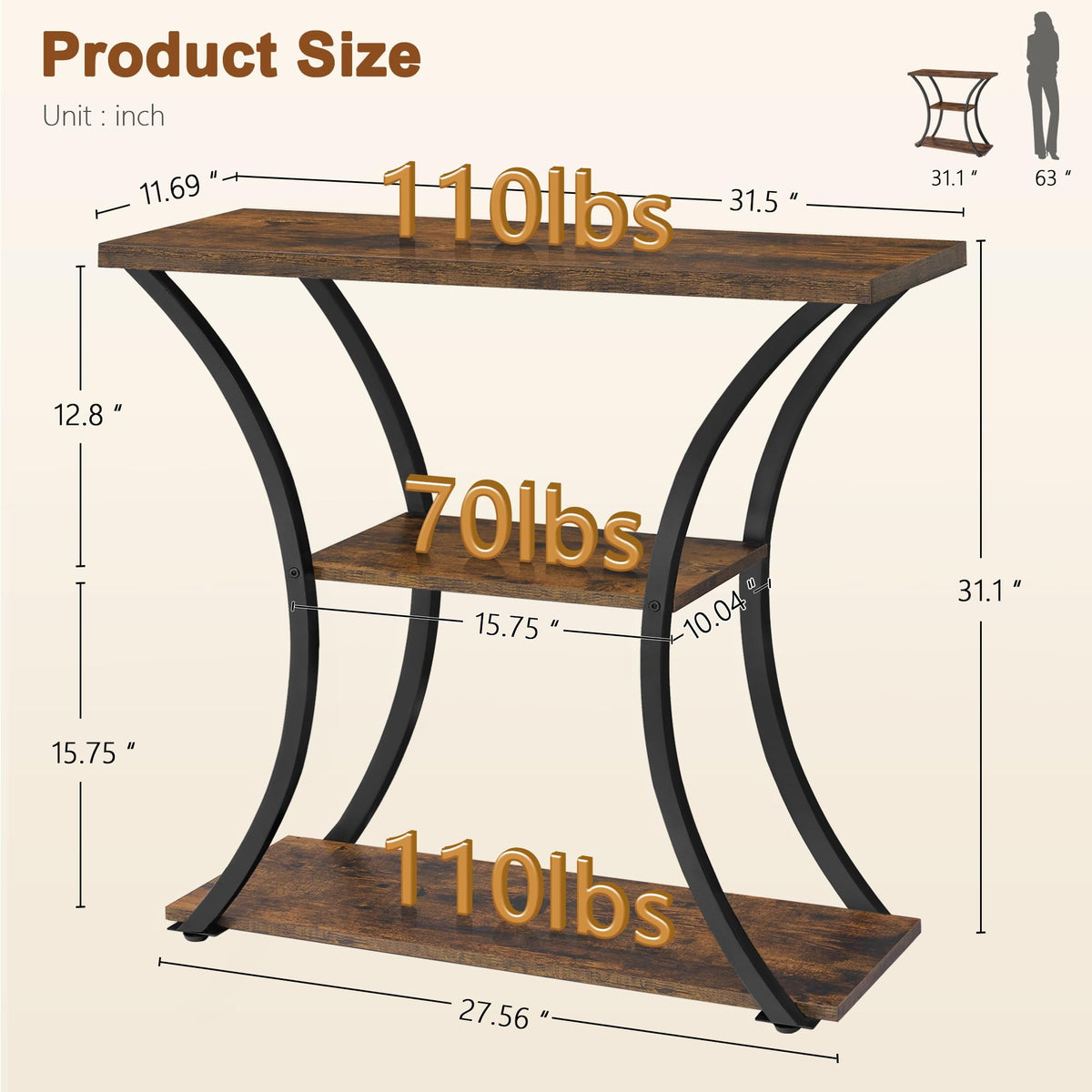 3 Tier Console Table with Open Wood Shelves F160