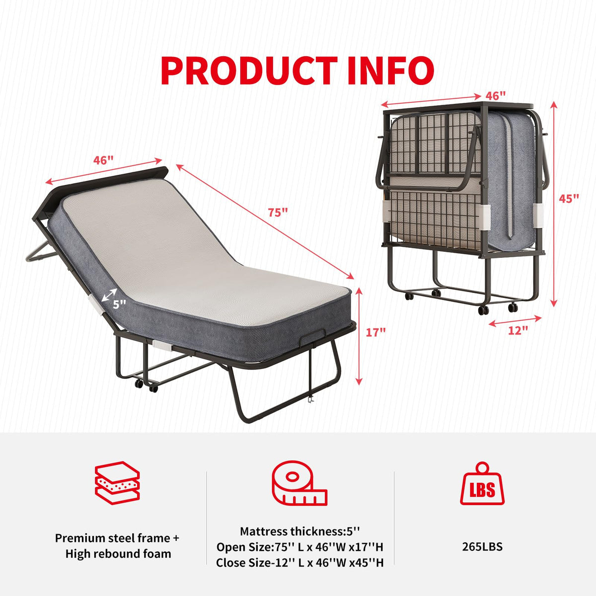 Folding Bed with 5" Memory Foam Mattress and 4 Lockable Wheels M85695