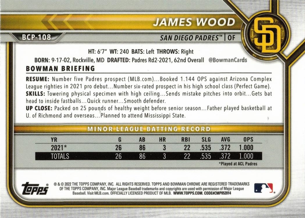 2022 Bowman Chrome Prospects Mega Box Mojo Refractor Baseball #BCP-108 James Wood Pre-Rookie Card N16121