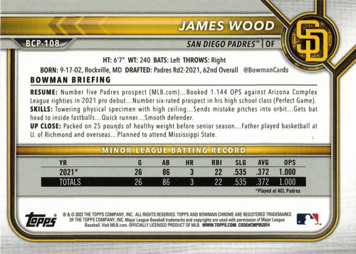 2022 Bowman Chrome Prospects Mega Box Mojo Refractor Baseball #BCP-108 James Wood Pre-Rookie Card N16121