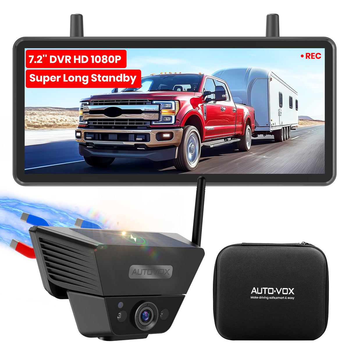 Wireless Backup Camera Solar Magnetic 7.2" 1080P Monitor B779
