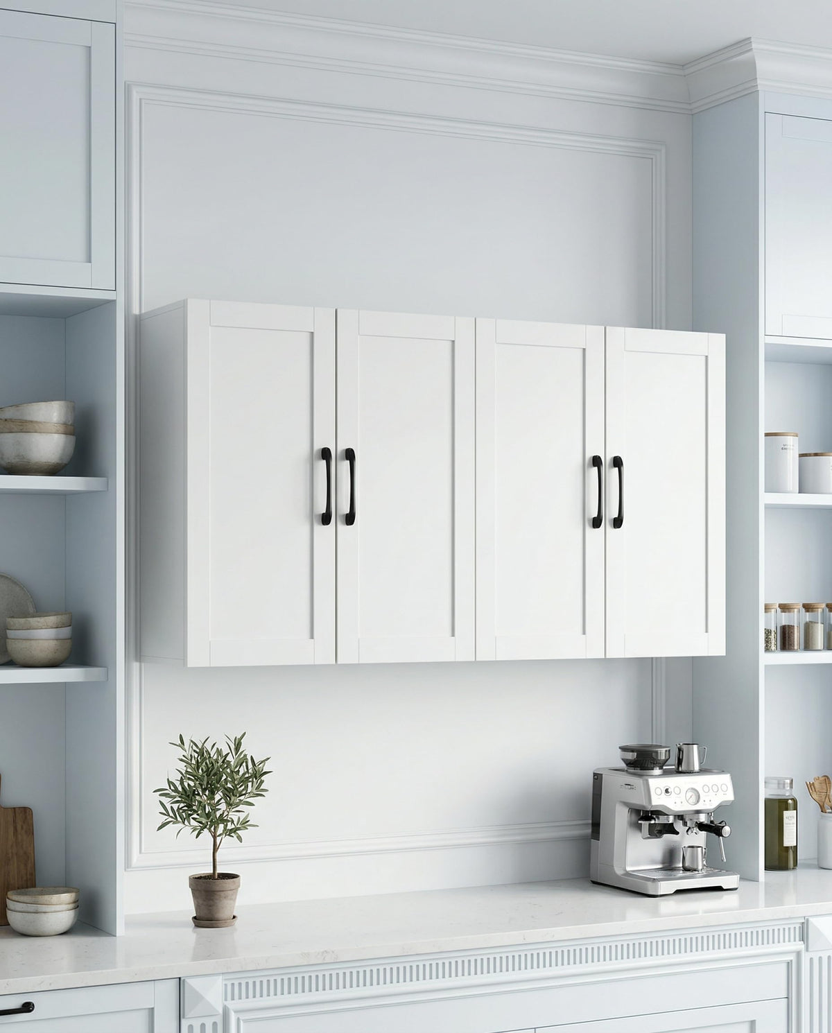 White Wall Cabinet with Adjustable Shelves and 4 Doors M2148