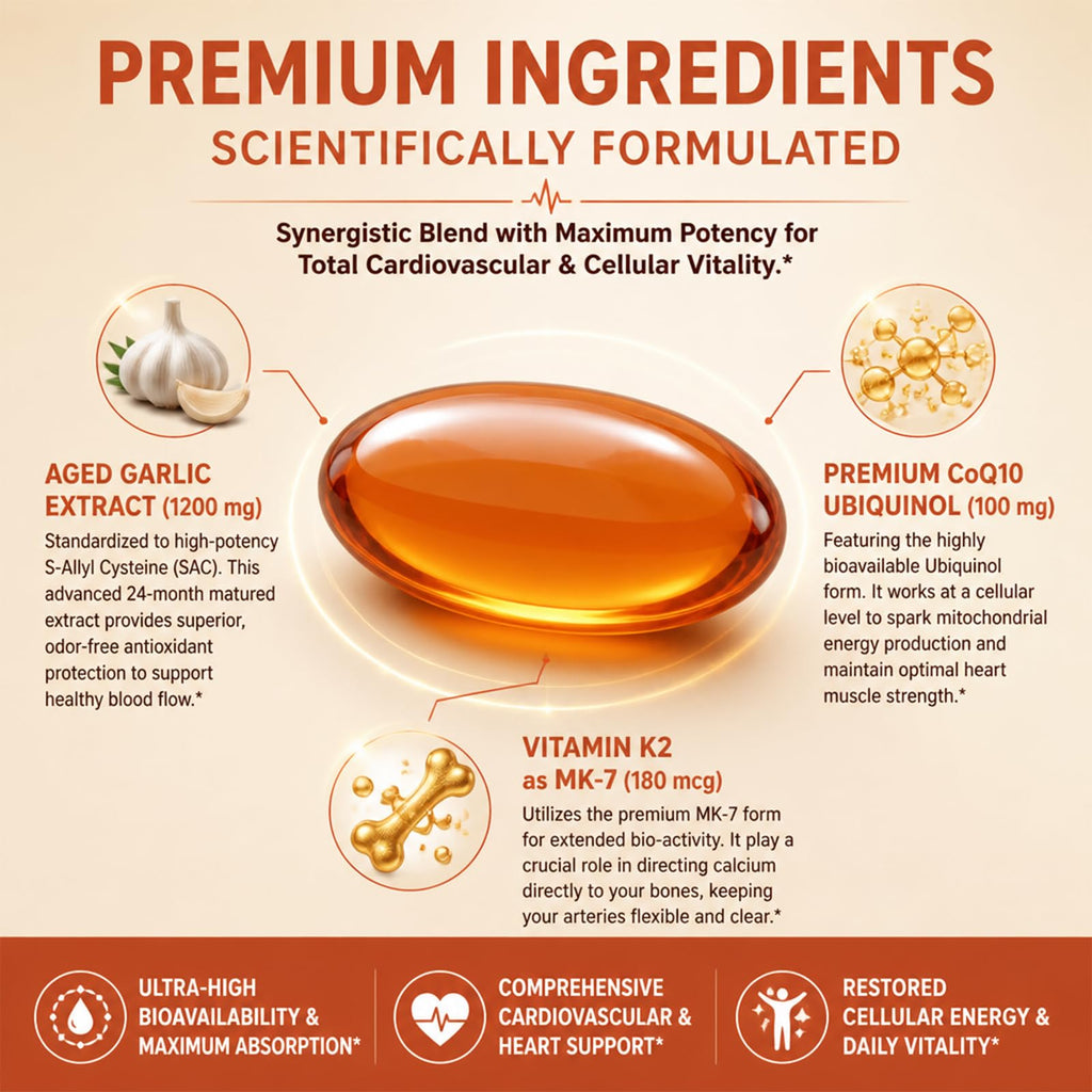 1200 mg Odorless Aged Garlic Extract Softgels with CoQ10 Ubiquinol & Vitamin K2, 120 Softgels M561