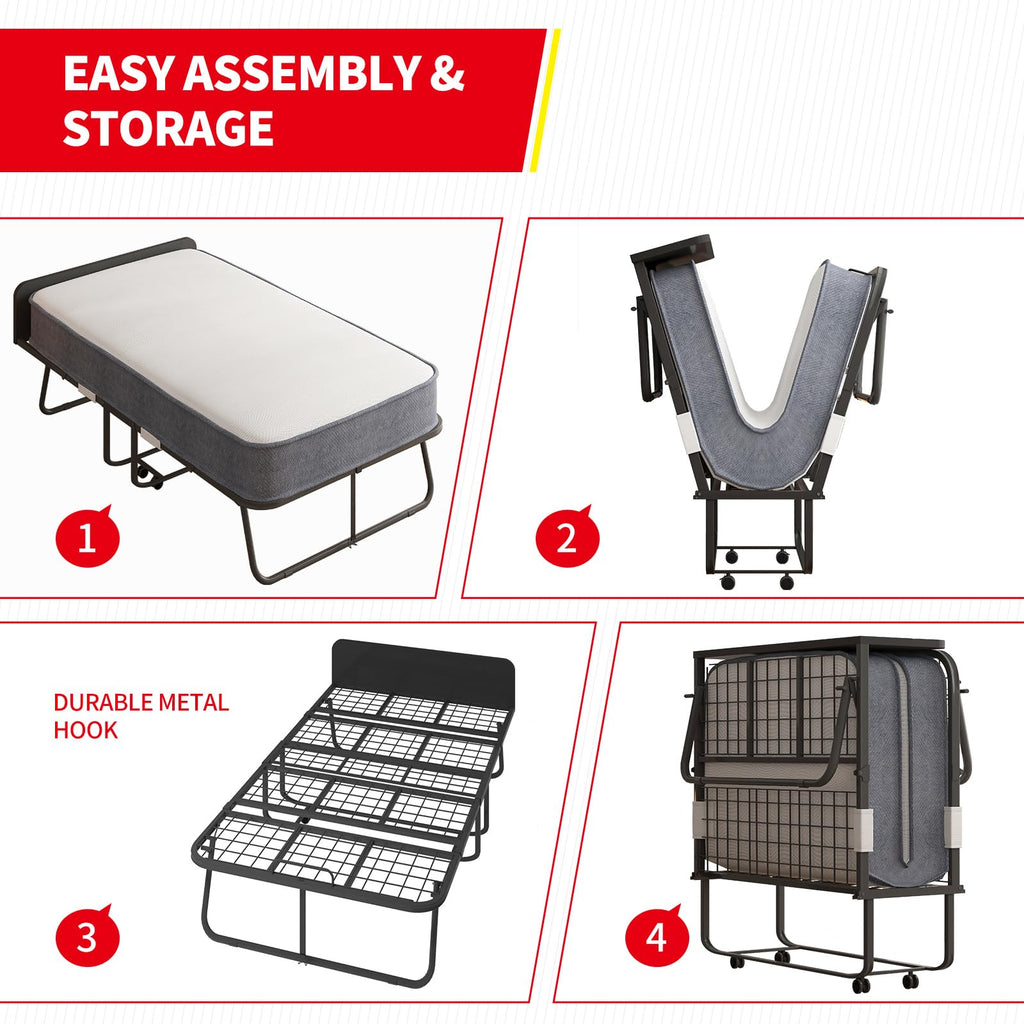 Folding Bed with 5" Memory Foam Mattress and 4 Lockable Wheels M85695
