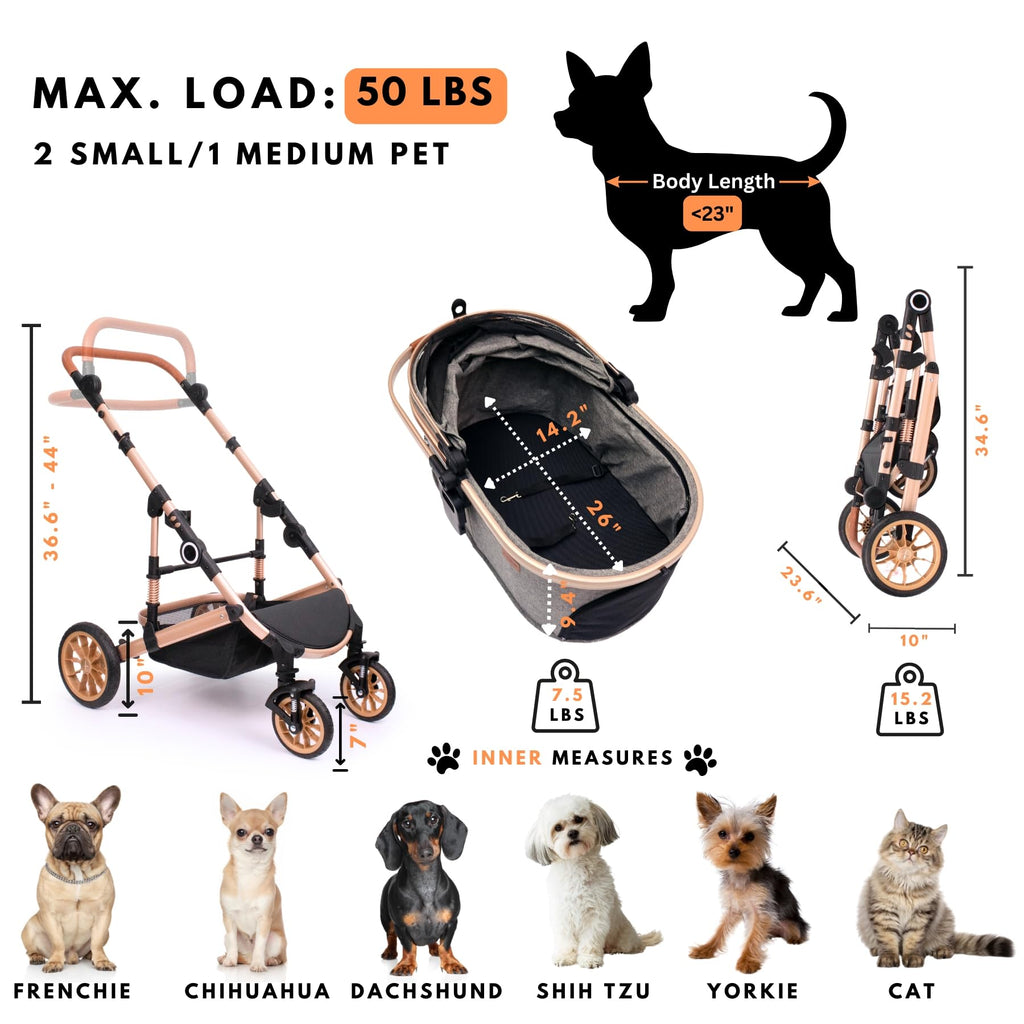 Dog Stroller with Detachable Carrier, Rubber Wheels, 50 lbs, Grey R161