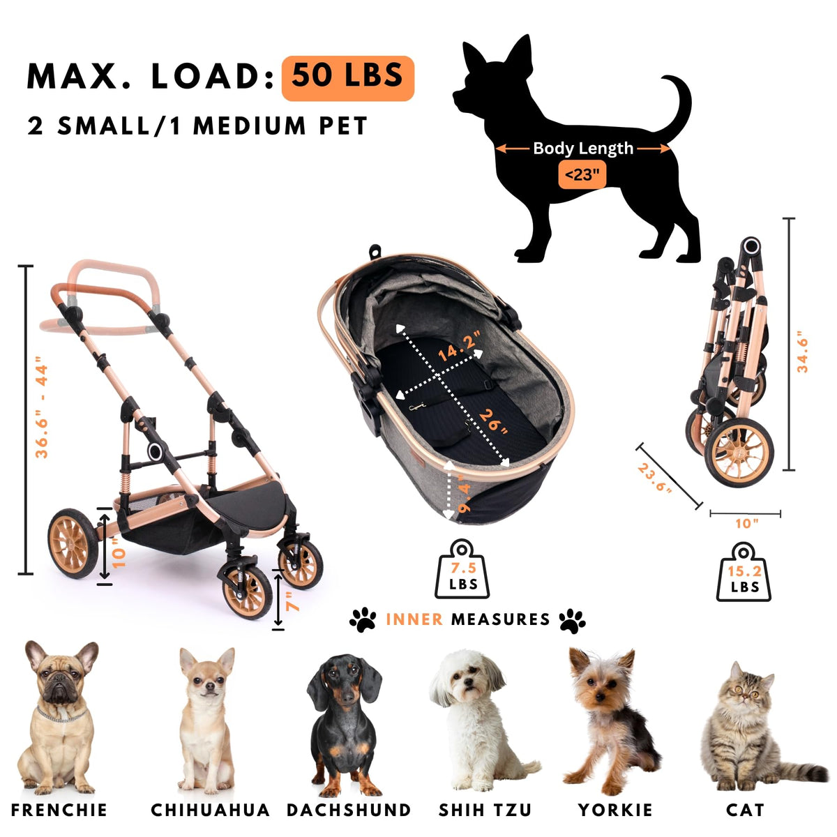 Dog Stroller with Detachable Carrier, Rubber Wheels, 50 lbs, Grey R161