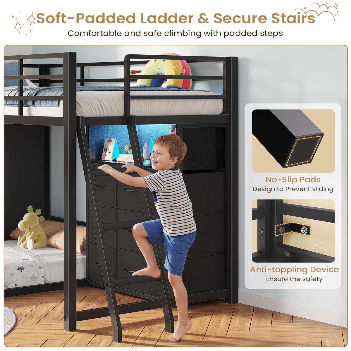 Twin Over Twin L-Shaped Bunk Bed with 9 Storage Drawers, LED Lights, Guardrail & Ladder, Black P864667