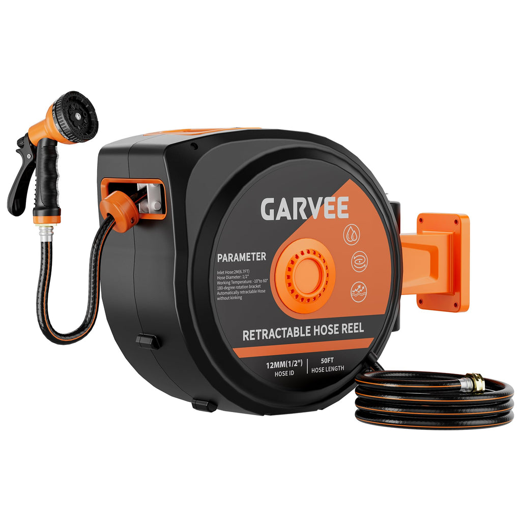 1/2 Inch x 50 ft Wall Mounted Garden Hose Reel with 10 Patterns Nozzle B14102