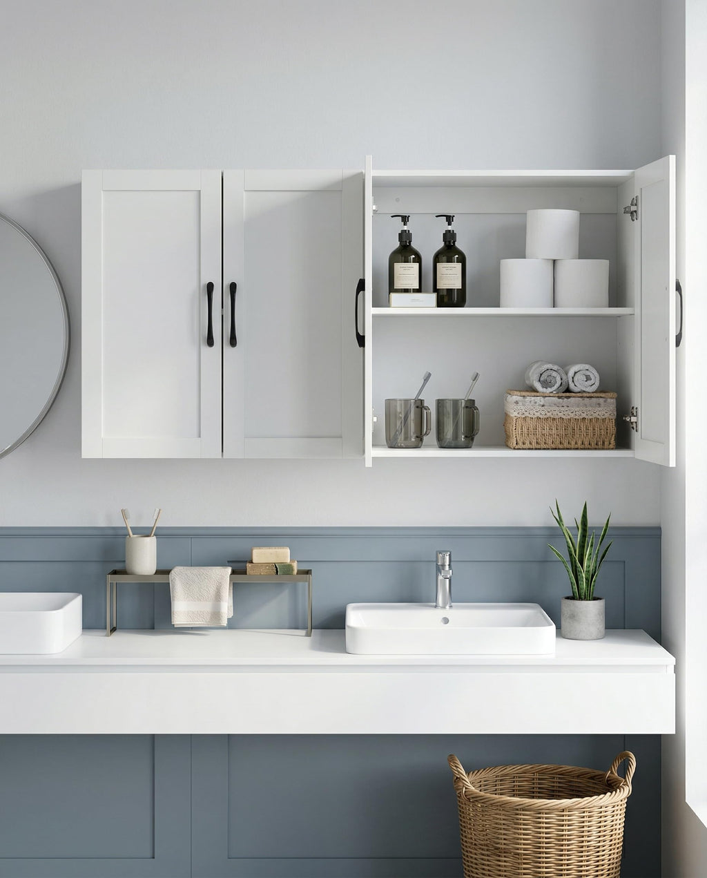 White Wall Cabinet with Adjustable Shelves and 4 Doors M2148