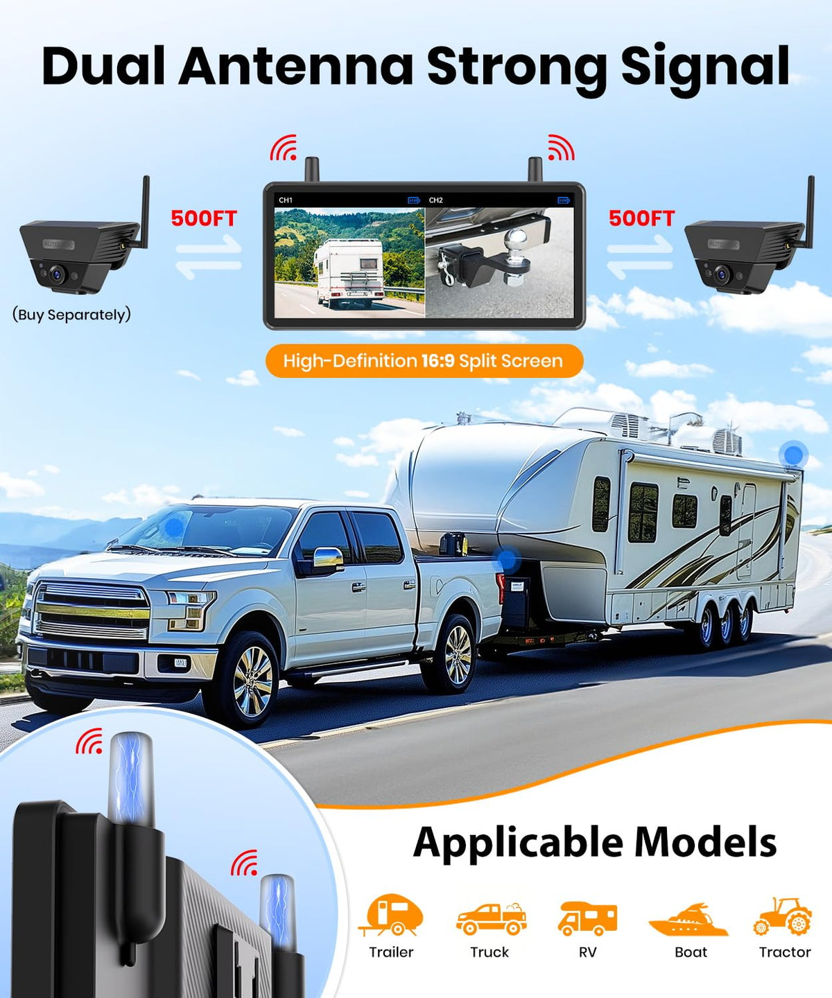 Wireless Backup Camera Solar Magnetic 7.2" 1080P Monitor B779