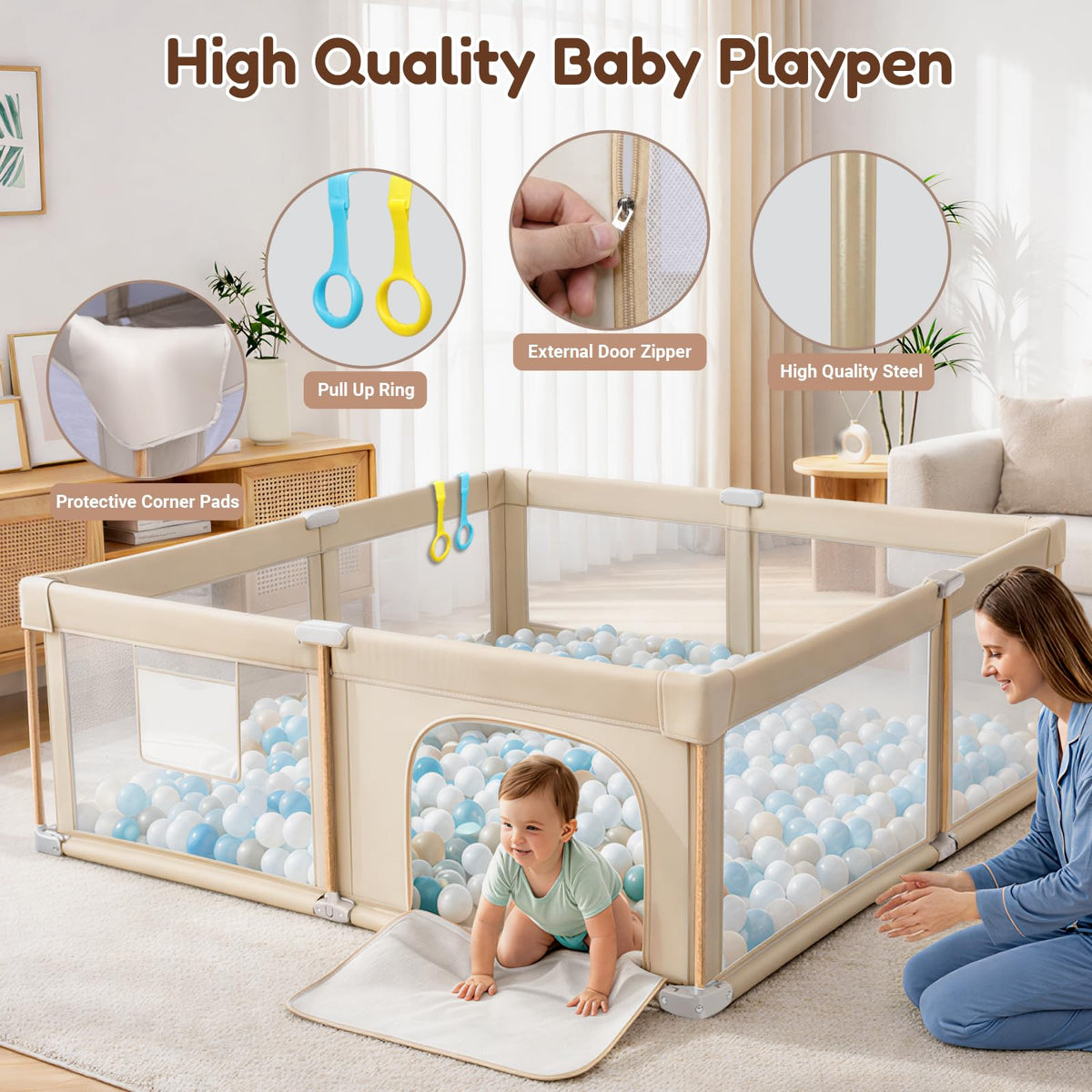 Foldable Baby Playpen with Mat, Mesh and Storage Bag D4489