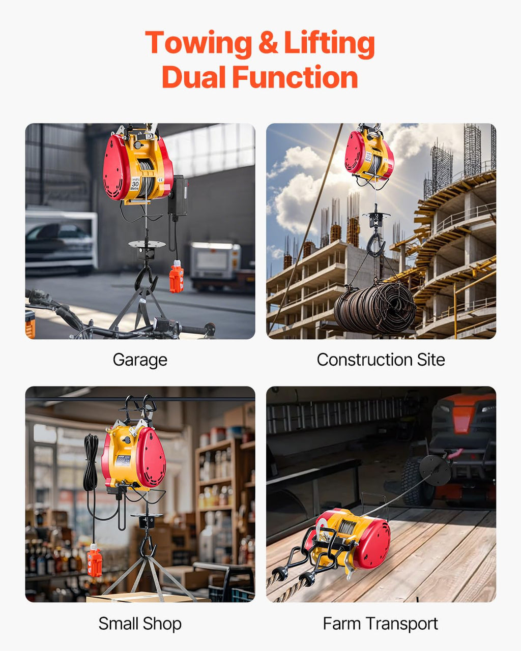 1100 lbs 1800W Portable Electric Hoist Winch with Wireless Remote Control Z100482