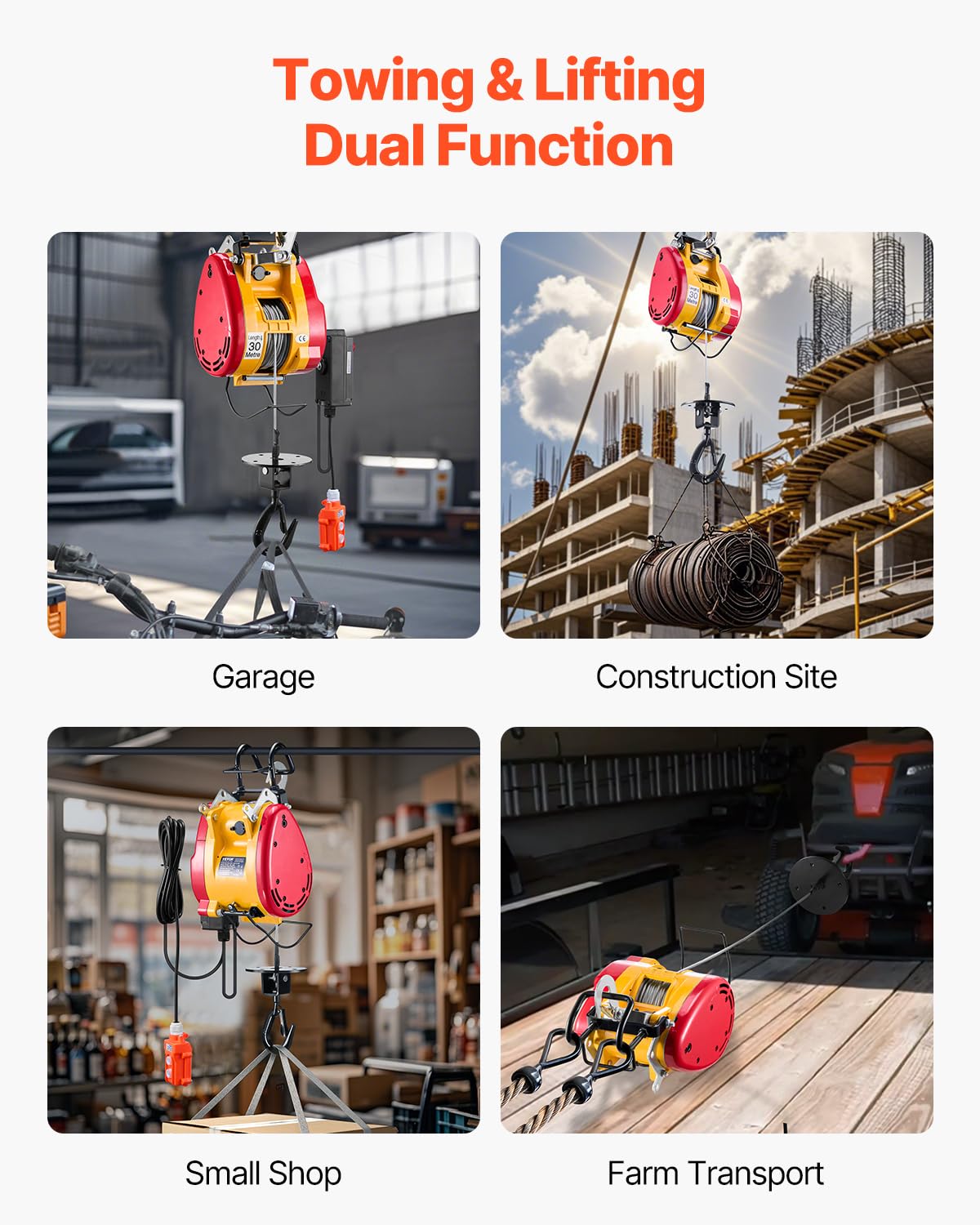 1100 lbs 1800W Portable Electric Hoist Winch with Wireless Remote Control Z100482