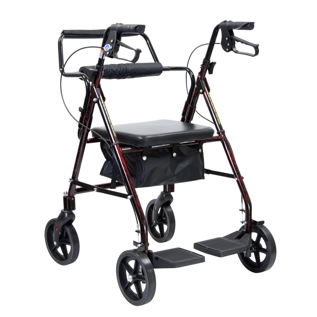 4 Wheel Rollator and Transport Wheelchair with Fold-Down Footrests, Red Frame V50119