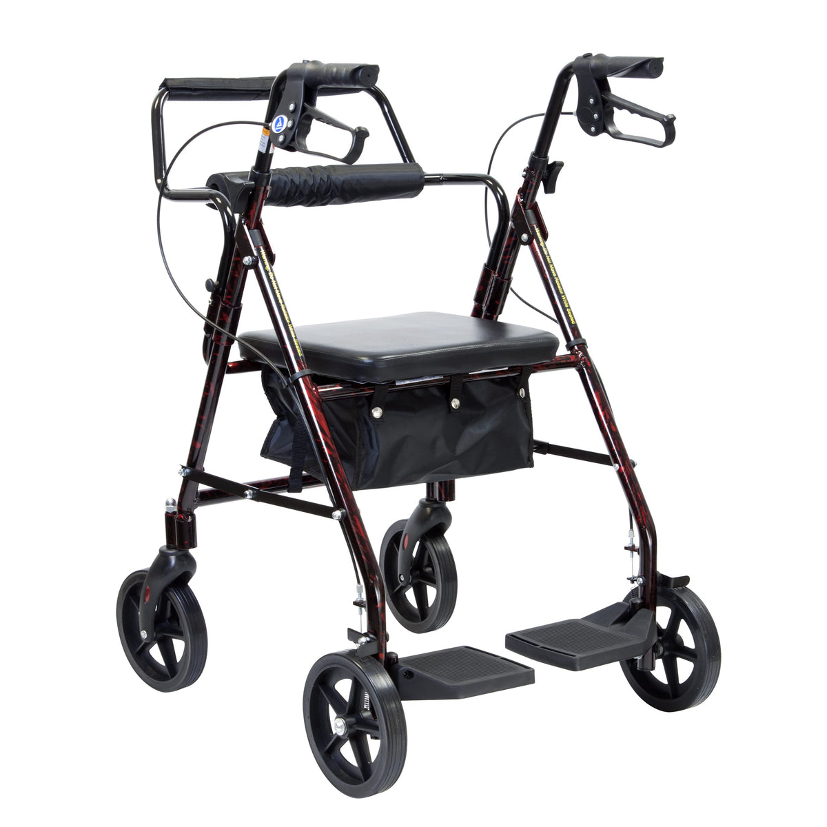 4 Wheel Rollator and Transport Wheelchair with Fold-Down Footrests, Red Frame V50119