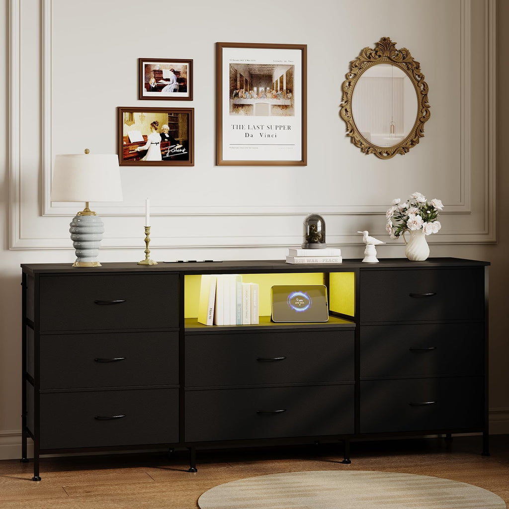 Black LED TV Stand Dresser with 8 Fabric Drawers P968