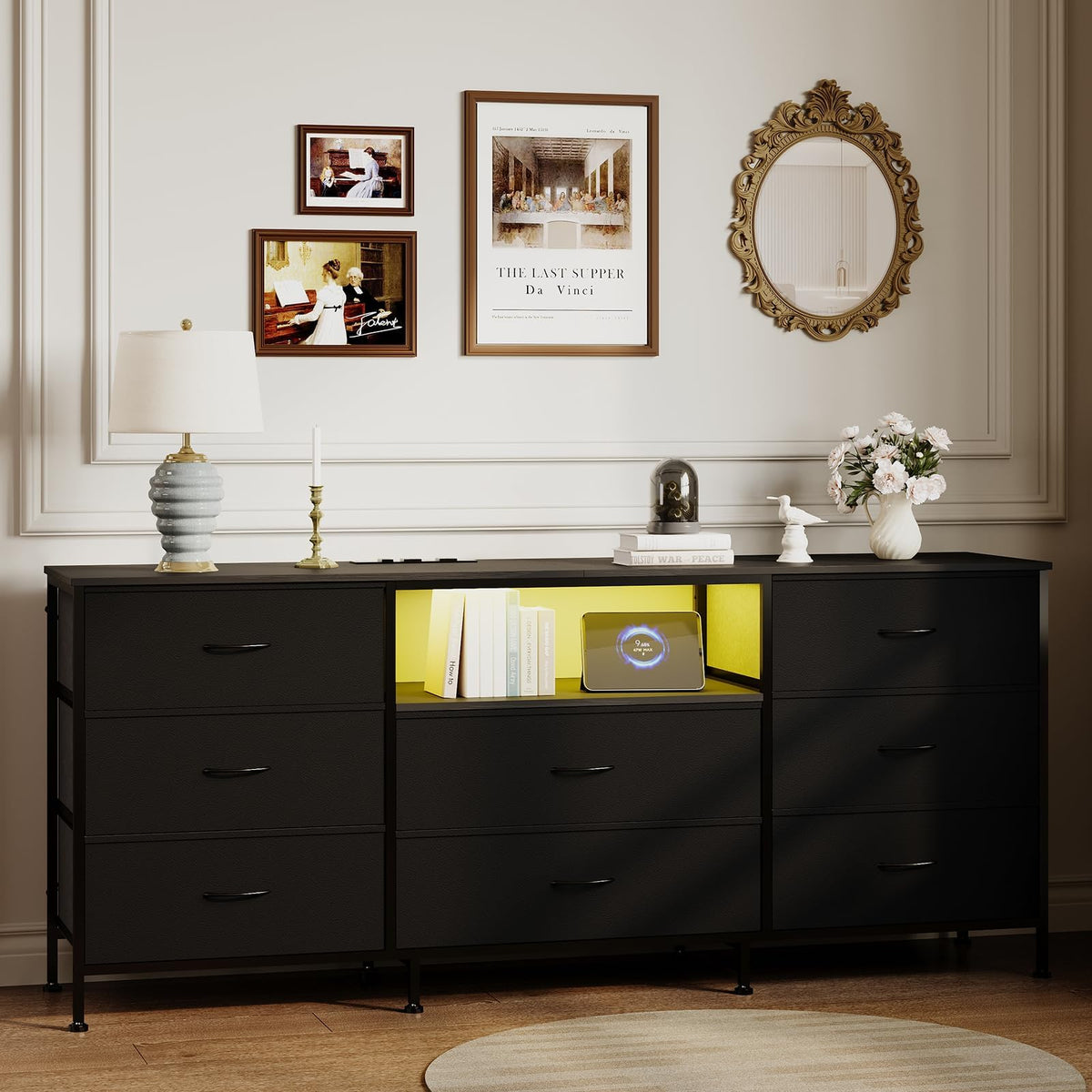 Black LED TV Stand Dresser with 8 Fabric Drawers P968