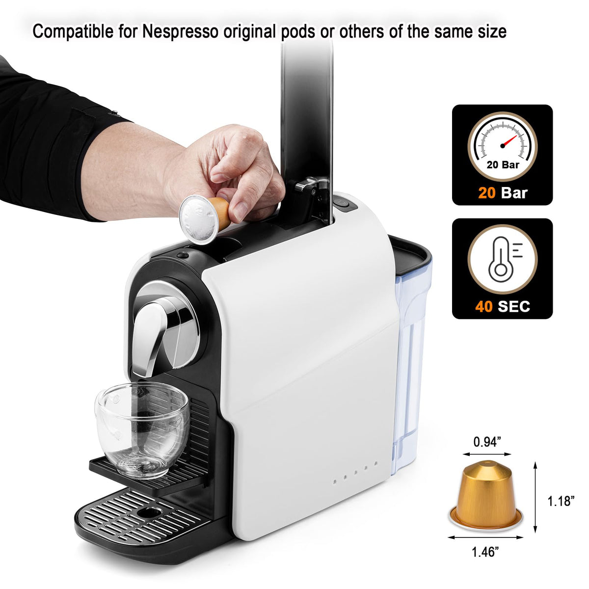 Espresso Pod Machine, 20 Bar, 22oz Removable Water Tank, 1350W X3681