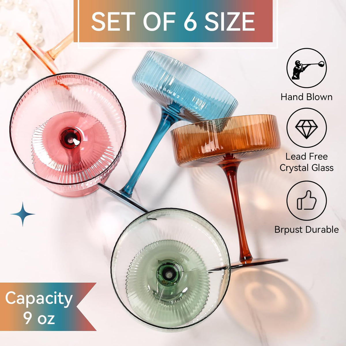 Colored Coupe Glasses Set of 6, 9 oz Cocktail Glasses N5632