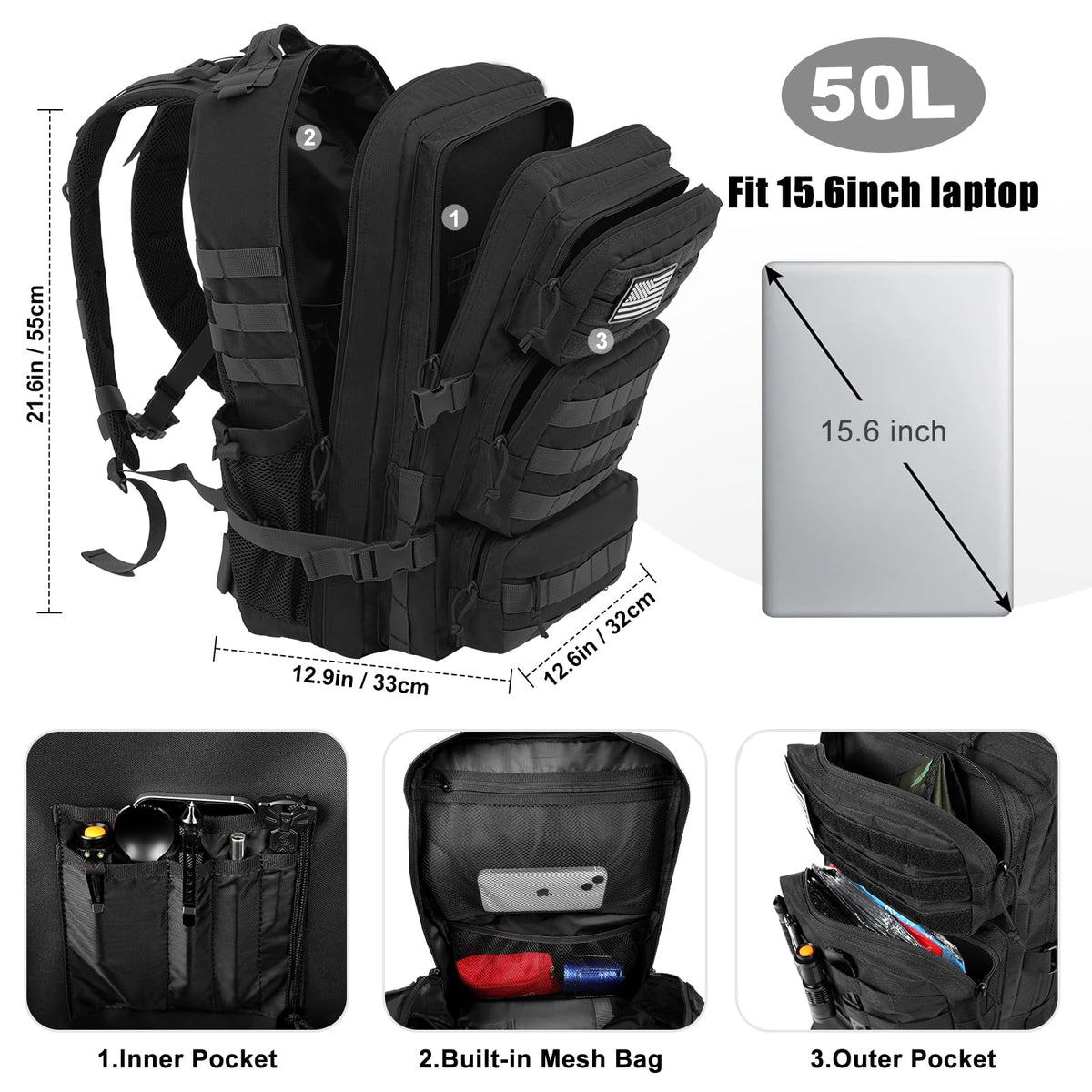 50L Military Tactical Backpack Black U80238