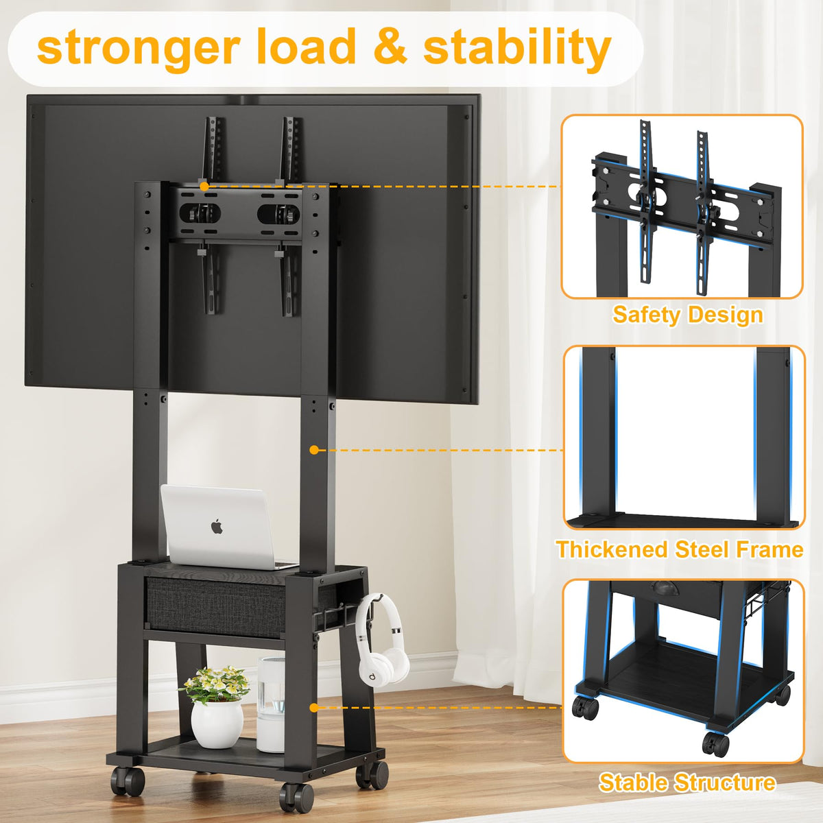 Rolling TV Stand with Storage for 23-60 Inch TVs, Height Adjustable Tilt Mobile TV Mount Cart with Drawer & 2 Shelves K3763