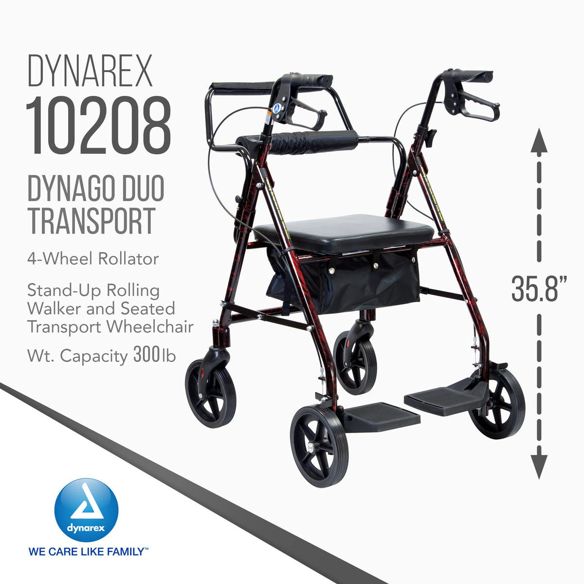 4 Wheel Rollator and Transport Wheelchair with Fold-Down Footrests, Red Frame V50119