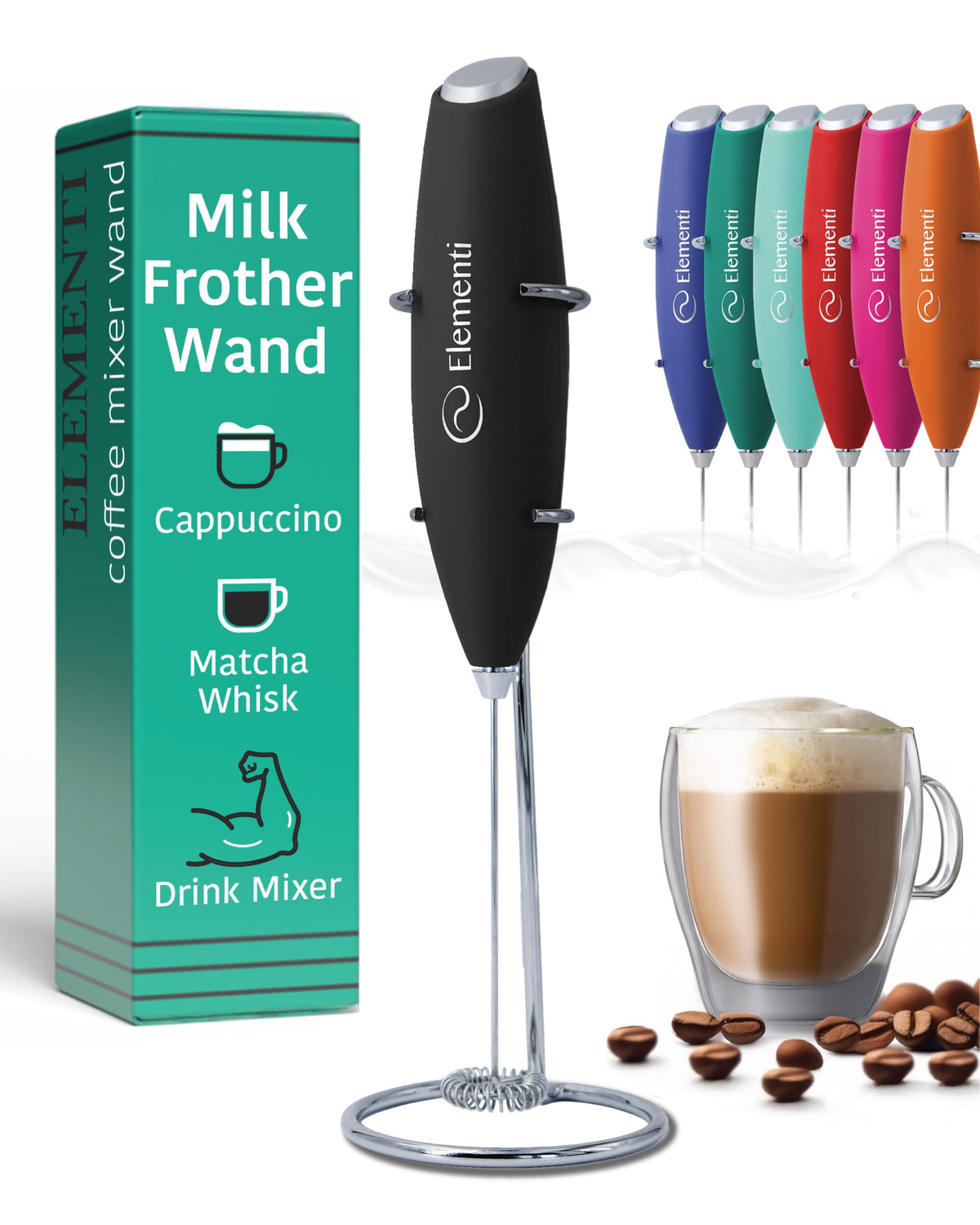 Black Handheld Milk Frother Wand with Stand O4489